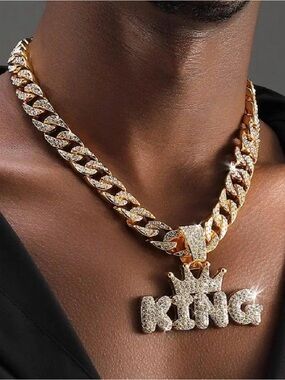 Gold-Tone 'KING' Cuban Link Necklace with Pavé Crystals
